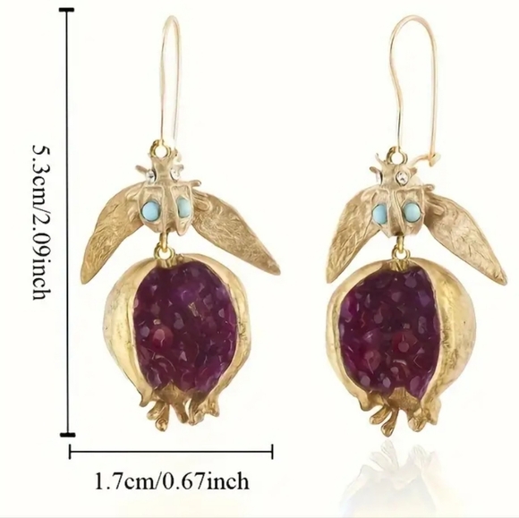 Vintage Drop Earrings, Retro Fly & Pomegranate Design, Inlaid Natural stone - Picture 1 of 4